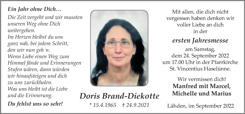  Traueranzeige für Doris Brand-Diekotte vom 21.09.2022 aus Neue Osnabrücker Zeitung GmbH & Co. KG