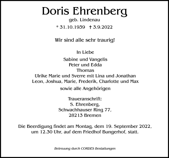 Traueranzeige von Doris Ehrenberg von DK Medien GmbH & Co. KG