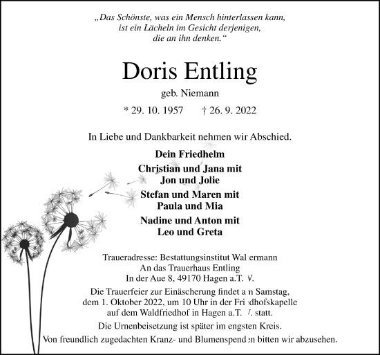 Traueranzeige von Doris Entling von Neue Osnabrücker Zeitung GmbH & Co. KG
