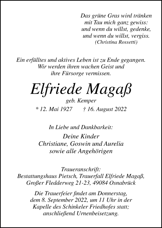 Traueranzeige von Elfriede Magaß von Neue Osnabrücker Zeitung GmbH & Co. KG