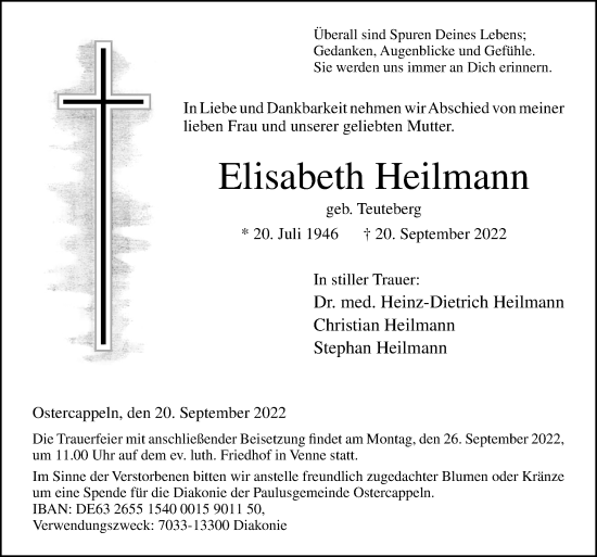 Traueranzeige von Elisabeth Heilmann von Neue Osnabrücker Zeitung GmbH & Co. KG