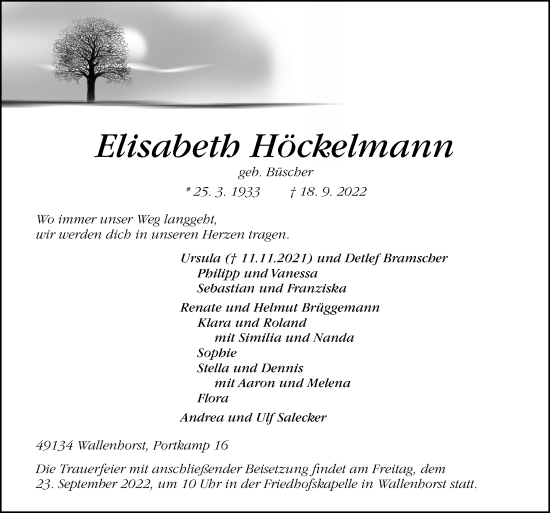 Traueranzeige von Elisabeth Höckelmann von Neue Osnabrücker Zeitung GmbH & Co. KG