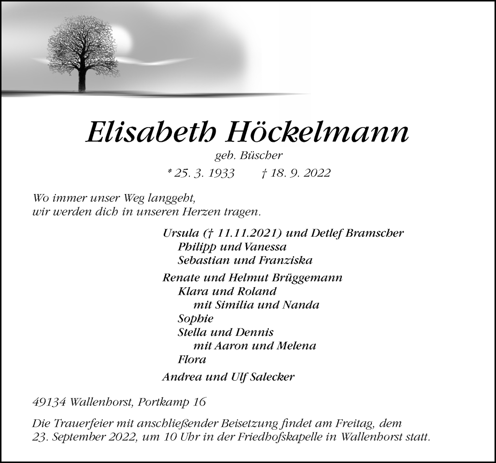  Traueranzeige für Elisabeth Höckelmann vom 20.09.2022 aus Neue Osnabrücker Zeitung GmbH & Co. KG