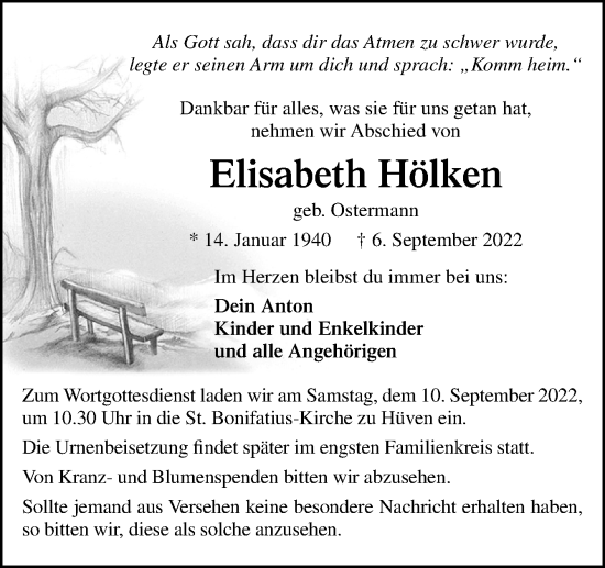 Traueranzeige von Elisabeth Hölken von Neue Osnabrücker Zeitung GmbH & Co. KG