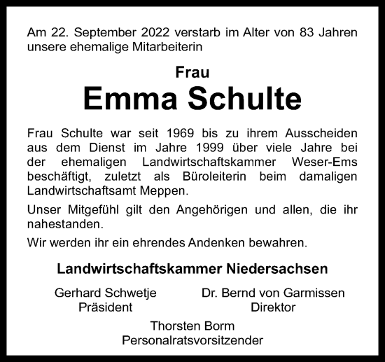 Traueranzeige von Emma Schulte von Neue Osnabrücker Zeitung GmbH & Co. KG