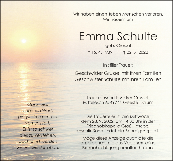 Traueranzeige von Emma Schulte von Neue Osnabrücker Zeitung GmbH & Co. KG