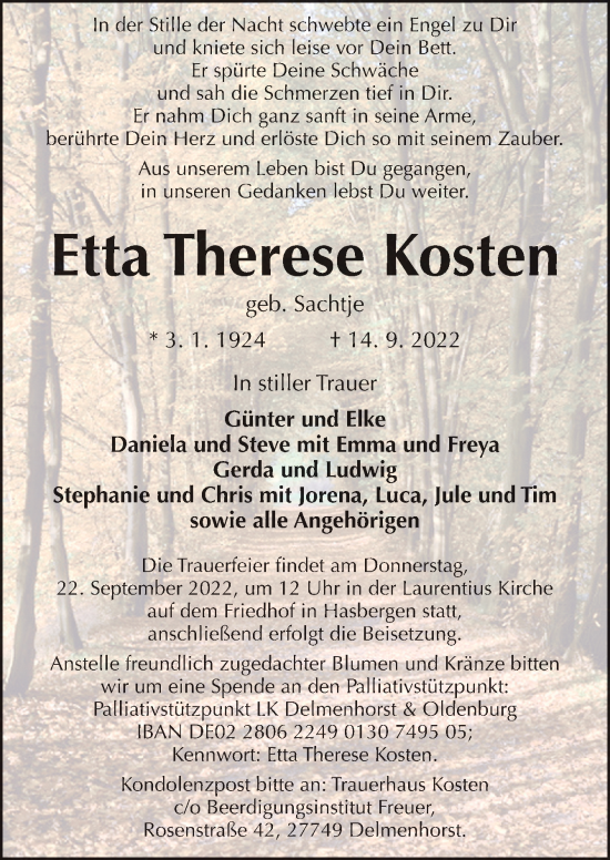 Traueranzeige von Etta Therese Kosten von DK Medien GmbH & Co. KG