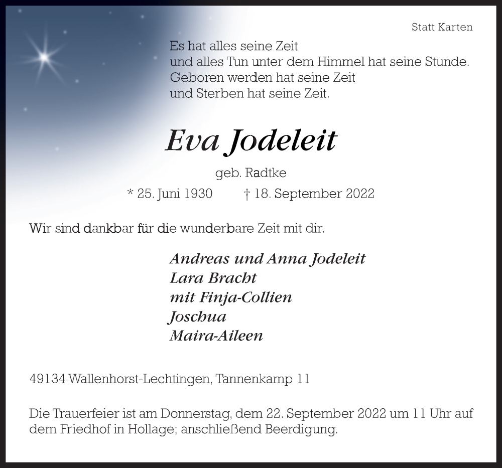  Traueranzeige für Eva Jodeleit vom 20.09.2022 aus Neue Osnabrücker Zeitung GmbH & Co. KG