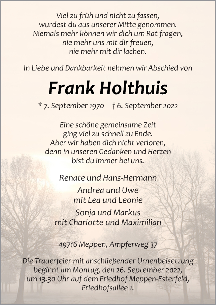  Traueranzeige für Frank Holthuis vom 24.09.2022 aus Neue Osnabrücker Zeitung GmbH & Co. KG