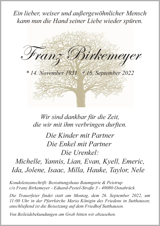 Traueranzeige von Franz Birkemeyer von Neue Osnabrücker Zeitung GmbH & Co. KG