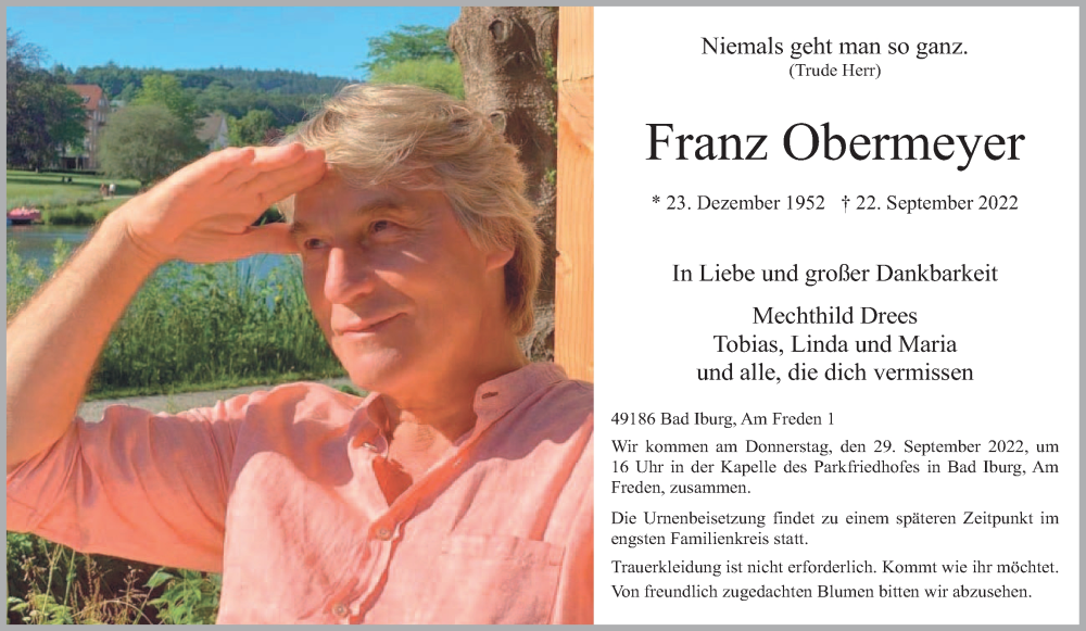  Traueranzeige für Franz Obermeyer vom 24.09.2022 aus Neue Osnabrücker Zeitung GmbH & Co. KG