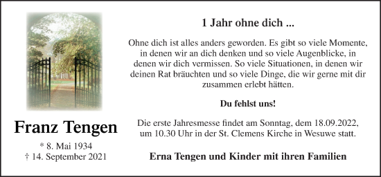 Traueranzeige von Franz Tengen von Neue Osnabrücker Zeitung GmbH & Co. KG