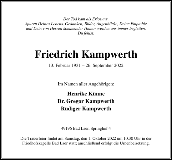 Traueranzeige von Friedrich Kampwerth von Neue Osnabrücker Zeitung GmbH & Co. KG