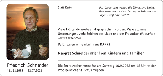Traueranzeige von Friedrich Schneider von Neue Osnabrücker Zeitung GmbH & Co. KG
