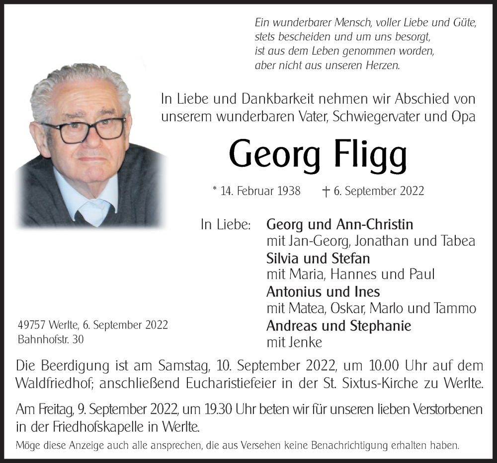  Traueranzeige für Georg Fligg vom 08.09.2022 aus Neue Osnabrücker Zeitung GmbH & Co. KG