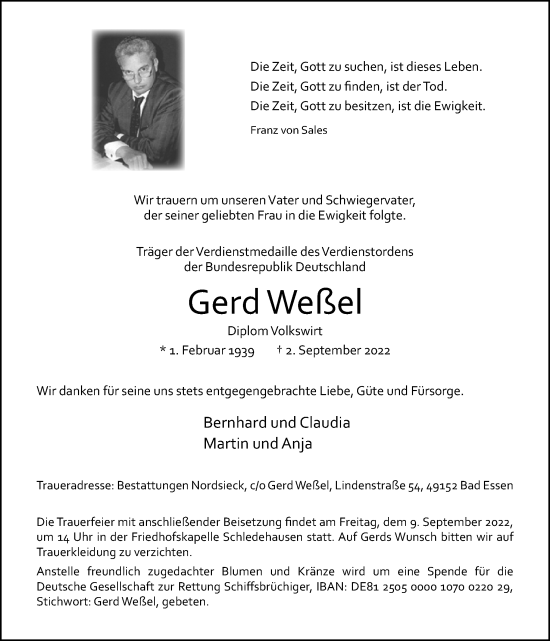 Traueranzeige von Gerd Weßel von Neue Osnabrücker Zeitung GmbH & Co. KG