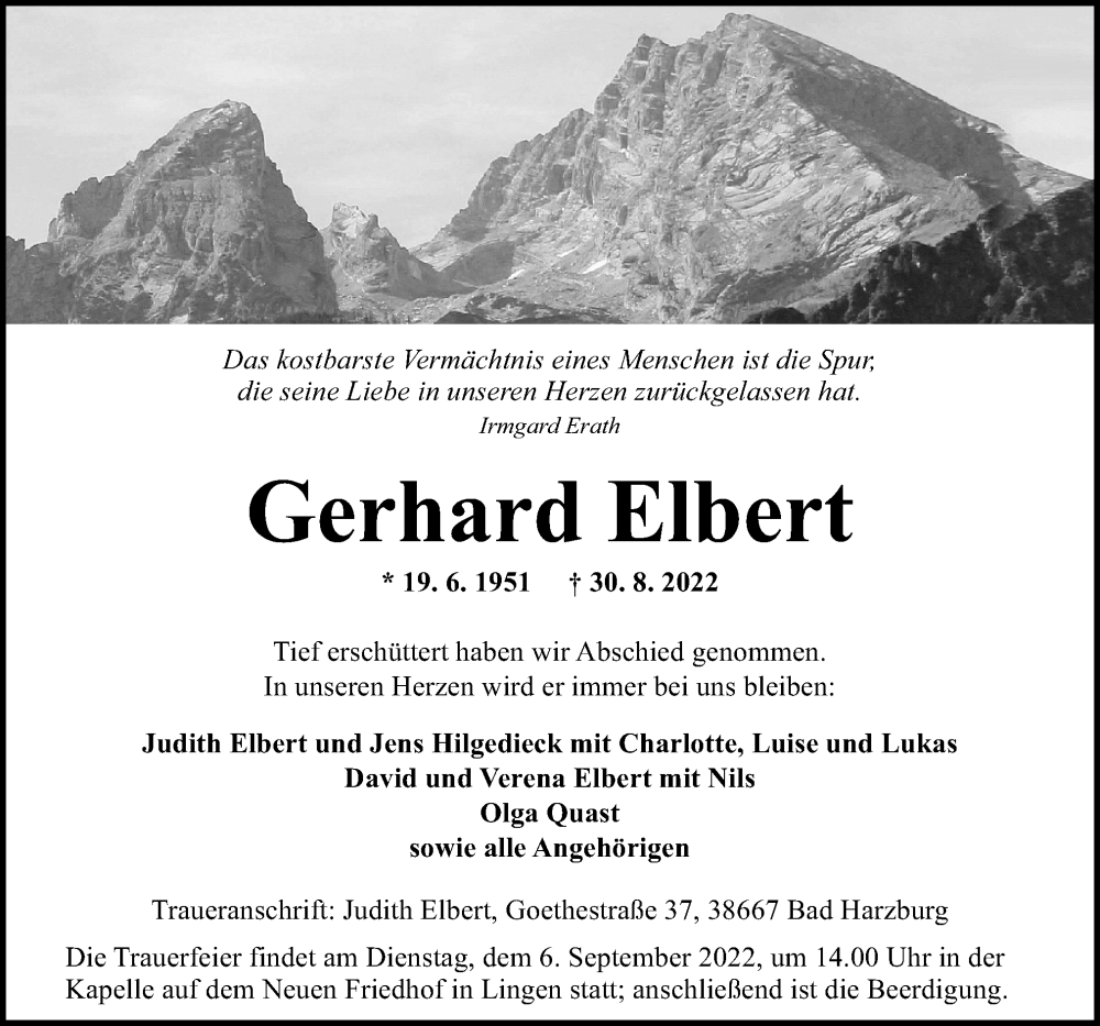  Traueranzeige für Gerhard Elbert vom 03.09.2022 aus Neue Osnabrücker Zeitung GmbH & Co. KG