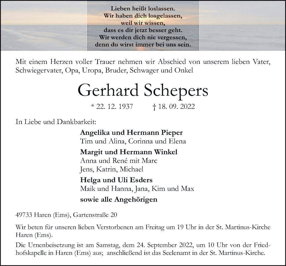  Traueranzeige für Gerhard Schepers vom 21.09.2022 aus Neue Osnabrücker Zeitung GmbH & Co. KG