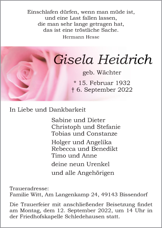 Traueranzeige von Gisela Heidrich von Neue Osnabrücker Zeitung GmbH & Co. KG