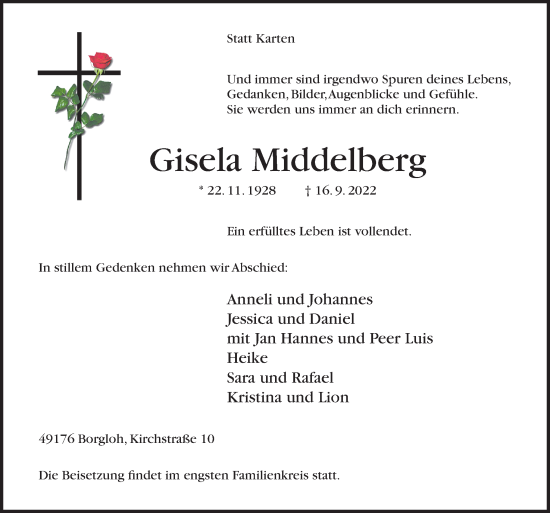 Traueranzeige von Gisela Middelberg von Neue Osnabrücker Zeitung GmbH & Co. KG