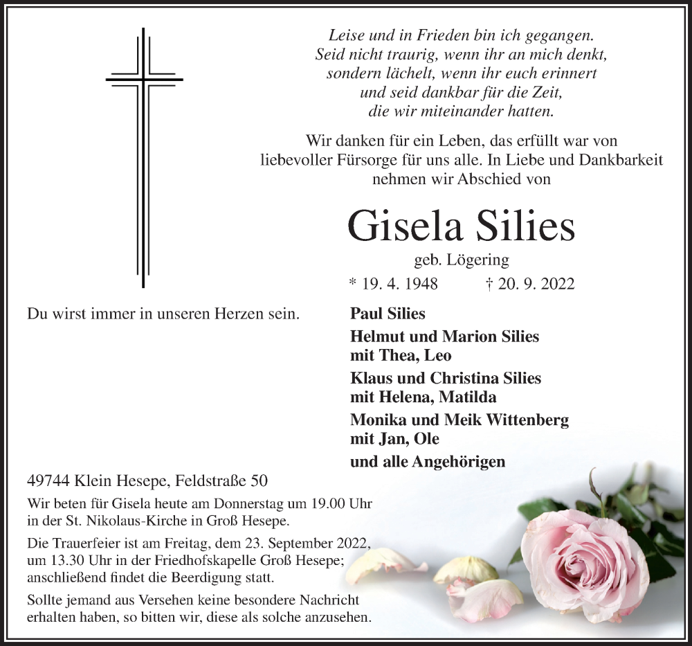  Traueranzeige für Gisela Silies vom 22.09.2022 aus Neue Osnabrücker Zeitung GmbH & Co. KG