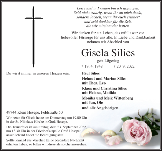 Traueranzeige von Gisela Silies von Neue Osnabrücker Zeitung GmbH & Co. KG