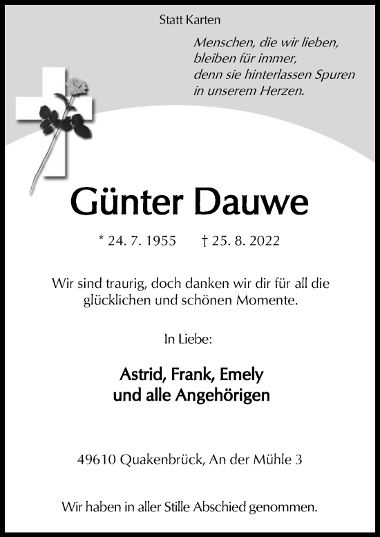 Traueranzeige von Günter Dauwe von Neue Osnabrücker Zeitung GmbH & Co. KG