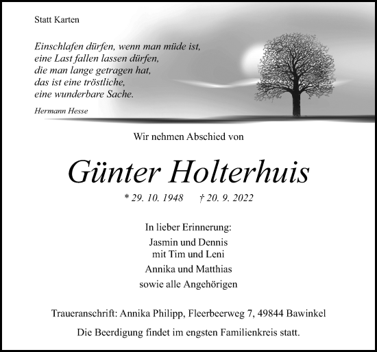 Traueranzeige von Günter Holterhuis von Neue Osnabrücker Zeitung GmbH & Co. KG