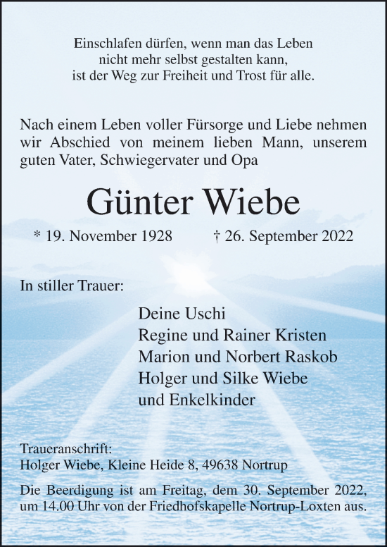 Traueranzeige von Günter Wiebe von Neue Osnabrücker Zeitung GmbH & Co. KG