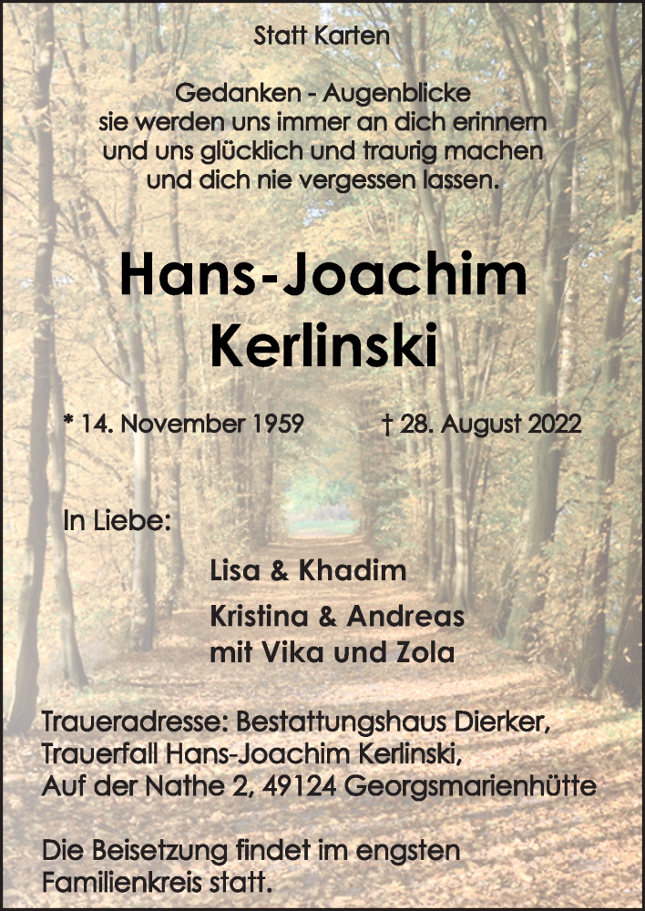  Traueranzeige für Hans-Joachim Kerlinski vom 03.09.2022 aus Neue Osnabrücker Zeitung GmbH & Co. KG