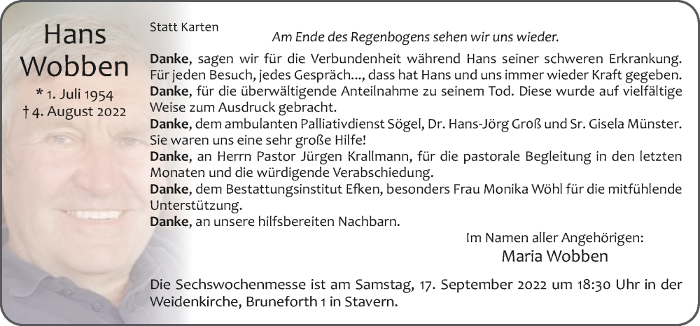  Traueranzeige für Hans Wobben vom 14.09.2022 aus Neue Osnabrücker Zeitung GmbH & Co. KG