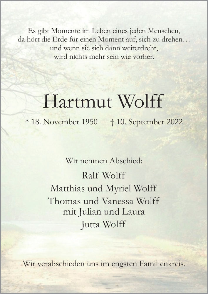  Traueranzeige für Hartmut Wolff vom 17.09.2022 aus Neue Osnabrücker Zeitung GmbH & Co. KG