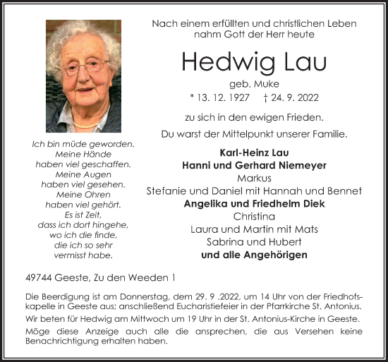 Traueranzeige von Hedwig Lau von Neue Osnabrücker Zeitung GmbH & Co. KG