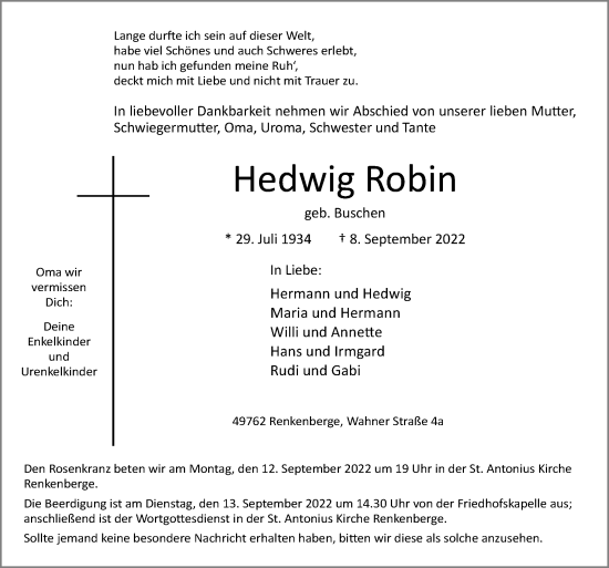 Traueranzeige von Hedwig Robin von Neue Osnabrücker Zeitung GmbH & Co. KG