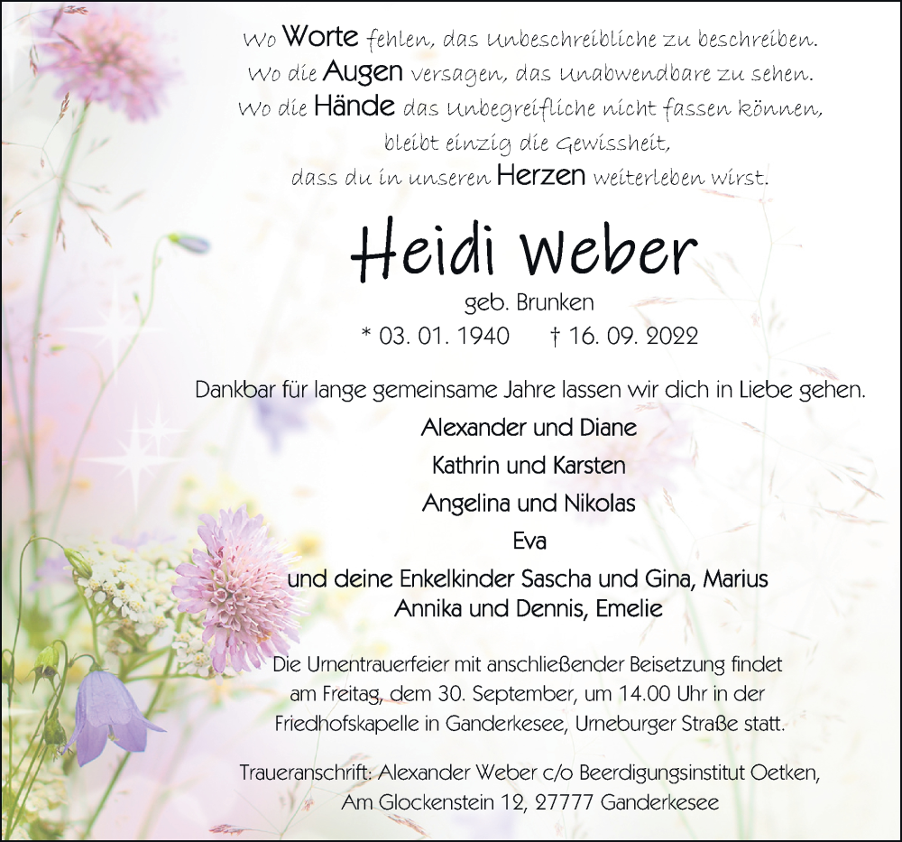  Traueranzeige für Heidi Weber vom 23.09.2022 aus DK Medien GmbH & Co. KG
