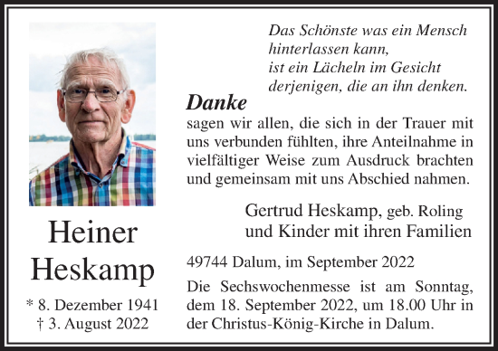 Traueranzeige von Heiner Heskamp von Neue Osnabrücker Zeitung GmbH & Co. KG