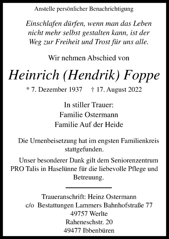 Traueranzeige von Heinrich Foppe von Neue Osnabrücker Zeitung GmbH & Co. KG