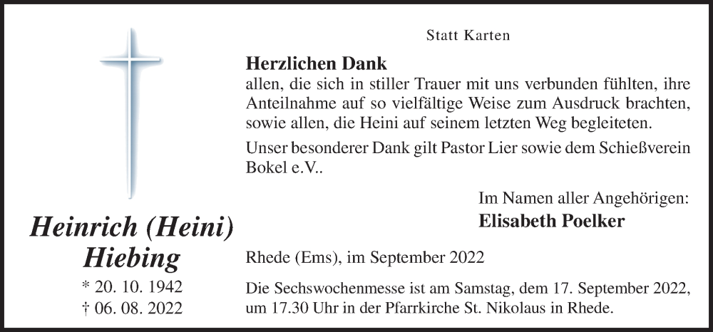  Traueranzeige für Heinrich Hiebing vom 14.09.2022 aus Neue Osnabrücker Zeitung GmbH & Co. KG