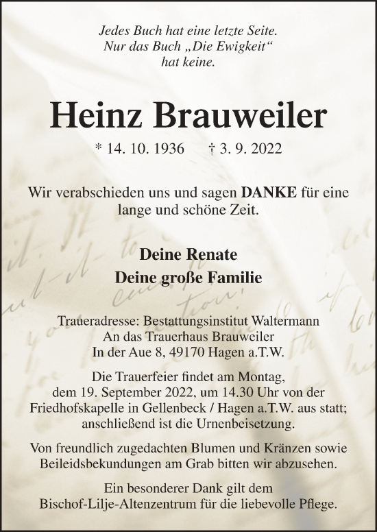 Traueranzeige von Heinz Brauweiler von Neue Osnabrücker Zeitung GmbH & Co. KG