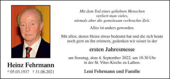 Traueranzeige von Heinz Fehrmann von Neue Osnabrücker Zeitung GmbH & Co. KG