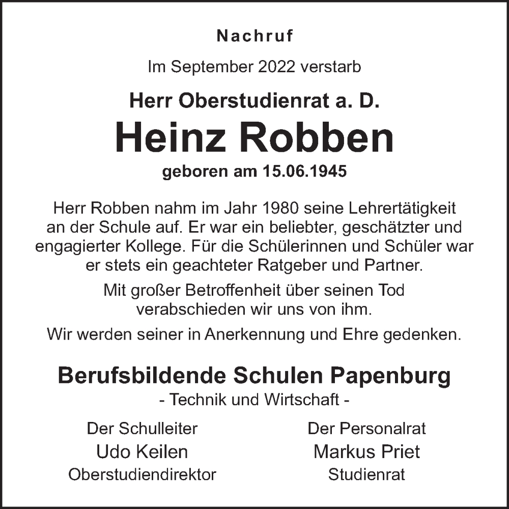  Traueranzeige für Heinz Robben vom 29.09.2022 aus Neue Osnabrücker Zeitung GmbH & Co. KG