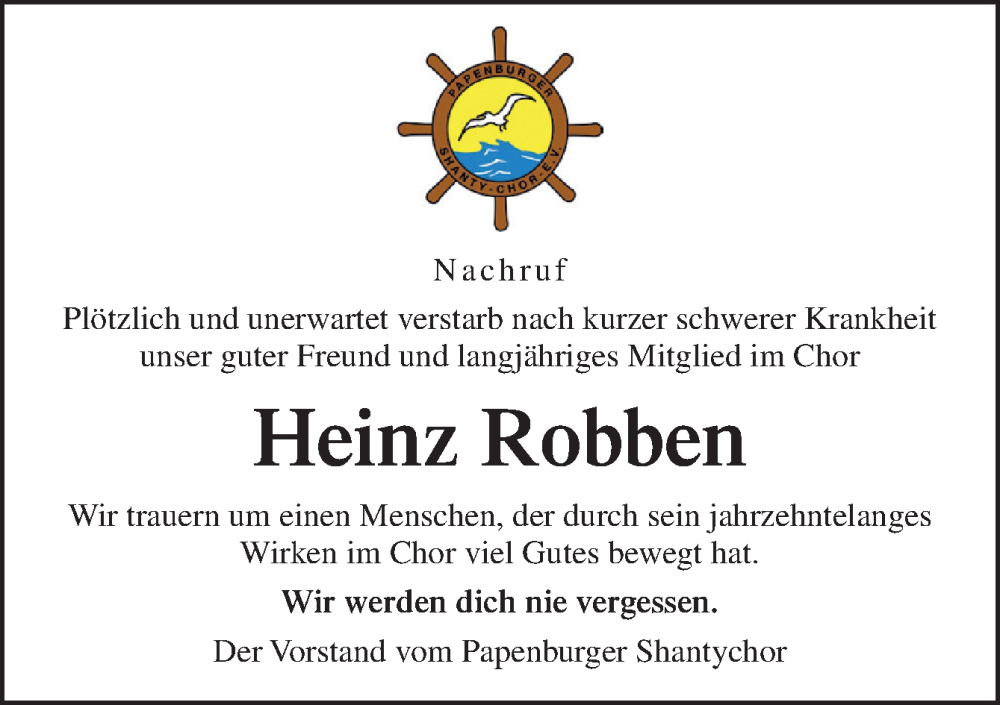  Traueranzeige für Heinz Robben vom 28.09.2022 aus Neue Osnabrücker Zeitung GmbH & Co. KG