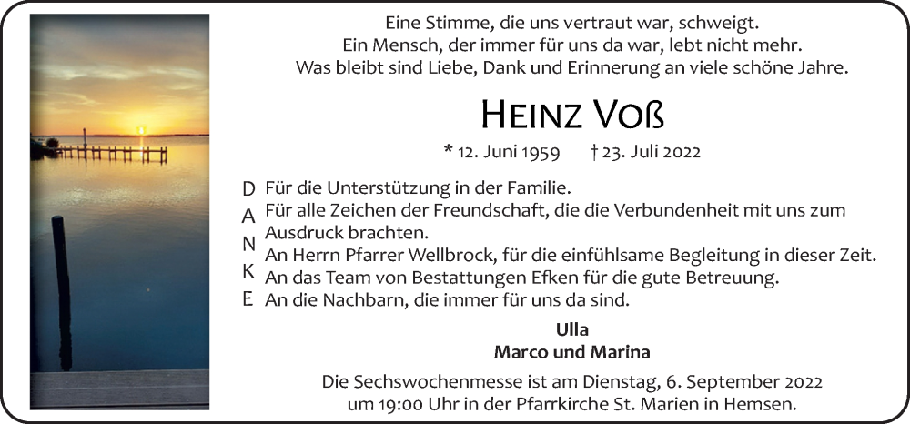  Traueranzeige für Heinz Voß vom 03.09.2022 aus Neue Osnabrücker Zeitung GmbH & Co. KG