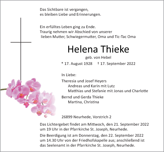 Traueranzeige von Helena Thieke von Neue Osnabrücker Zeitung GmbH & Co. KG