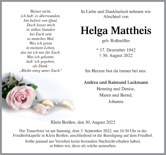 Traueranzeige von Helga Mattheis von Neue Osnabrücker Zeitung GmbH & Co. KG