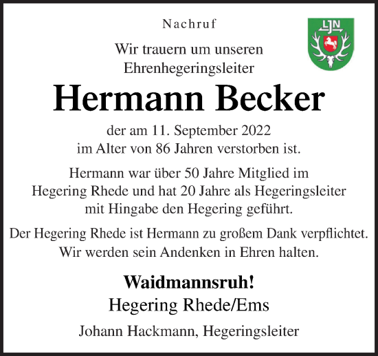 Traueranzeige von Hermann Becker von Neue Osnabrücker Zeitung GmbH & Co. KG