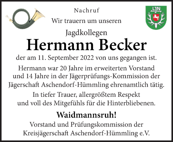 Traueranzeige von Hermann Becker von Neue Osnabrücker Zeitung GmbH & Co. KG