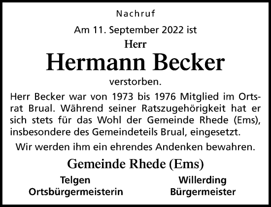 Traueranzeige von Hermann Becker von Neue Osnabrücker Zeitung GmbH & Co. KG