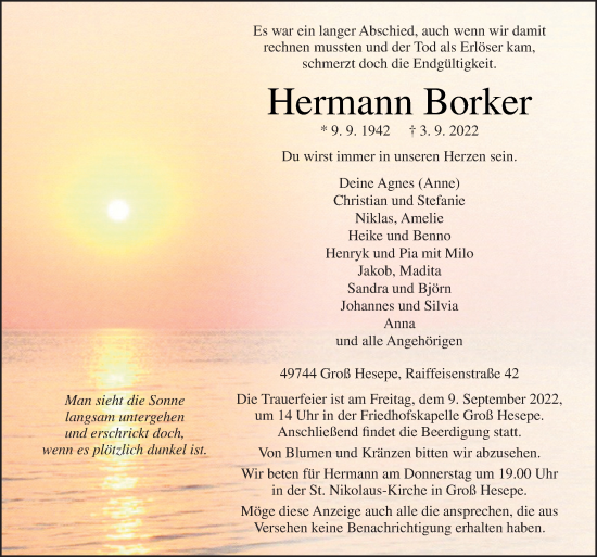 Traueranzeige von Hermann Borker von Neue Osnabrücker Zeitung GmbH & Co. KG