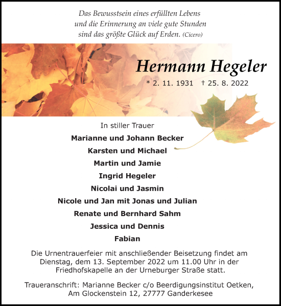 Traueranzeige von Hermann Hegeler von DK Medien GmbH & Co. KG